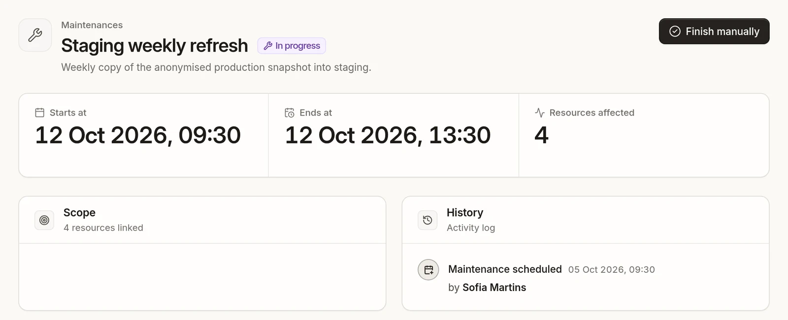 Maintenance "Staging weekly refresh", in progress: its start and end times, 4 resources affected, its scope and its history, with a Finish manually button.