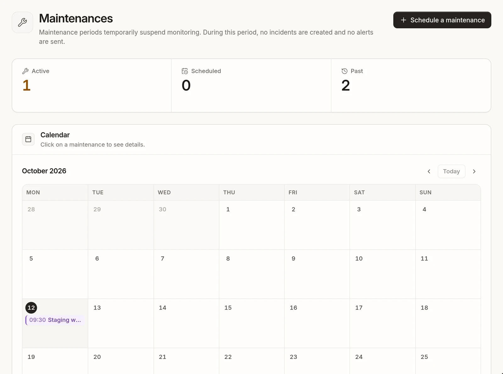 Maintenances page: one active, none scheduled and two past maintenances, above a monthly calendar where the staging weekly refresh appears on today's date.